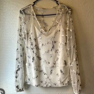 45-White House Black Market Sheer Blouse with Silver Details
